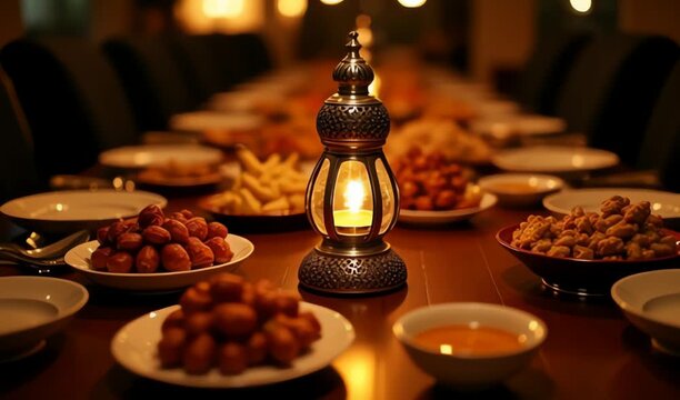 A candlelit dinner table radiates warm amber hues; a round lantern centerpieces glow softly while plates of nuts and dips await guests, inviting intimate conversation and cozy ambiance, 4K and HD