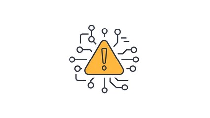 A warning sign with an exclamation mark is displayed prominently in a digital circuit background