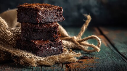 Fototapeta premium Stacks of chocolate brownies on a burlap cloth with a wooden table in the background during dim lighting