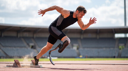 Obraz premium Disabled Athlete Explosive Start on Track, Paralympic Sprint Power