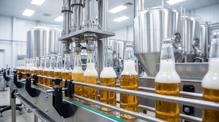 Beer Bottling Line Filling Glass Bottles on Conveyor in Modern Brewery