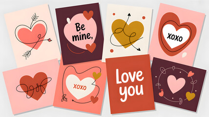 A collection of colorful Valentine's Day cards with heart designs and love messages