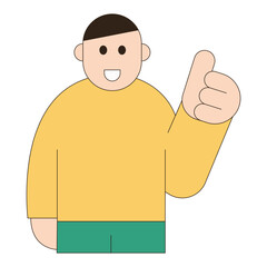 Flat character illustration of a man showing thumbs up gesture, expressing approval, success, positive feedback, and satisfaction for business, service, and communication concept.