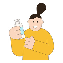 Flat character illustration of a woman holding pump bottle, presenting hygiene or skincare product for health, personal care, cosmetic, and clean lifestyle concept.