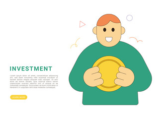 Flat character illustration of a man holding gold coin, showing investment and savings concept for finance, wealth growth, money management, and financial planning.