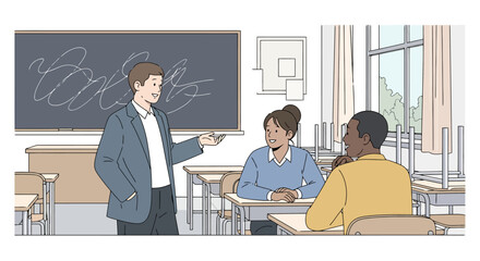 Educator Instructs Diverse Students in Classroom Setting During Lesson