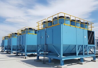 container cargo freight containers, Industrial Rooftop Cooling Tower System with Blue Chillers and Ventilation Fans