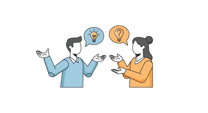 Two people communicating ideas and questions with thought bubbles above their heads representing innovation and inquiry