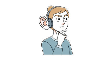 Obraz premium Person wearing headphones listening with a large exaggerated ear contemplating a question or idea with a thoughtful expression focused on a concept
