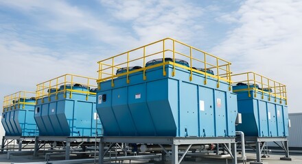 container cargo freight containers, Industrial Rooftop Cooling Tower System with Blue Chillers and Ventilation Fans