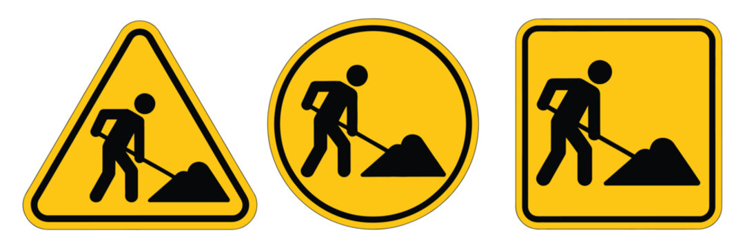  Road Works Warning Sign Vector Illustration, Attention Notice for Drivers and Pedestrians, Designed to Improve Road Safety and Prevent Accidents in Construction Zones.