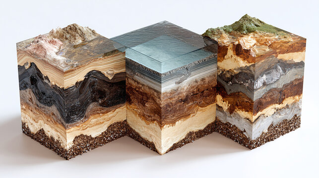 A captivating view of three cube-shaped models displaying geological layers. Each cube features a different landscape
