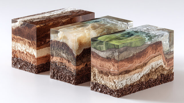 A close-up shot of three rectangular geological cross-sections, showcasing layers and textures