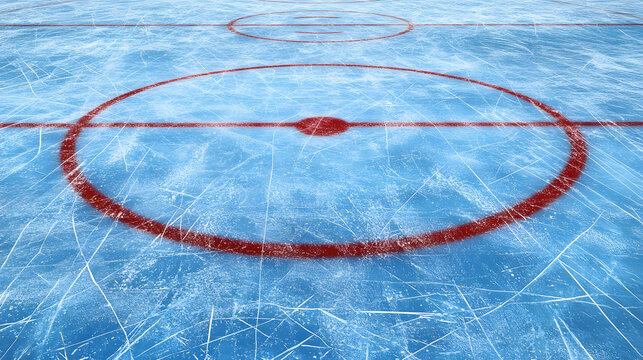 Ice rink surface with red circles marking center and face-off areas in an indoor arena during a hockey game
