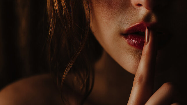 A woman saying shhhh, holding one finger against her lips as if to show that she is trying to keep a secret