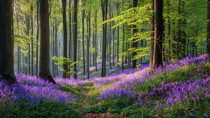 Exploring a forest path with purple flowers and tall trees in a natural setting during springtime in the morning light