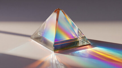 A glass prism refracting light into a spectrum of colors, casting a rainbow shadow