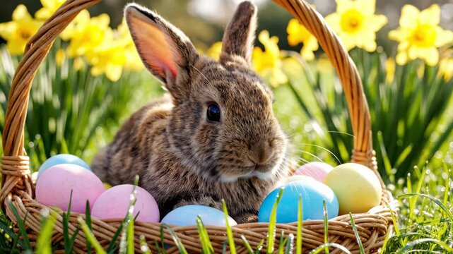 Cute bunny peeking over daffodil basket at start. Rabbit crouching toward colorful eggs in middle. Adorable rabbit relaxing with eggs at end. Easter springtime scene of playful animal interaction in