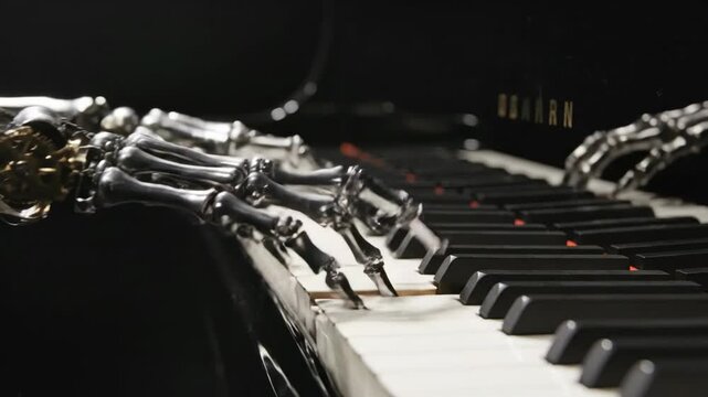Robotic hands playing grand piano keys in extreme closeup. Mechanical fingers pressing ivories through music sequence. Futuristic ai musician blending technology and classical performance.