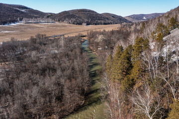 Southern Urals: the Sikasia River in the Kyzyltash natural boundary in spring. Aerial view.