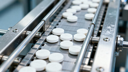 Automated production line conveying white tablets in pharmaceutical manufacturing facility