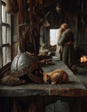 Un gato atigrado descansa sobre un yelmo de guerrero en un taller medieval.