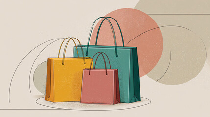A collection of shopping bags in various colors, showcasing a modern design and appealing aesthetic. They are arranged together, with elegant and minimalist background