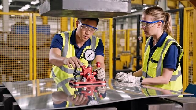 factory technicians adjusting suction lifter on metal, calibrating pressure gauge while wearing high visibility vests and safety goggles, guiding sheet steel into position, handson
