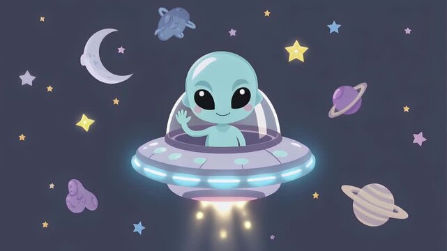 Animation A cheerful cartoon alien pilot flies a spaceship through a vibrant night sky filled with stars, planets, and celestial bodies, conveying a sense of adventure and exploration.