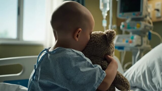 A young child with a shaved head in a hospital bed holds a teddy bear tightly, conveying hope and strength while battling cancer in a clinical setting with medical equipment.