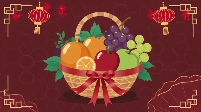 Stylized fruit basket illustration with vibrant colors on red background, depicting prosperity, abundance, and festive cheer inspired by Chinese New Year traditions.