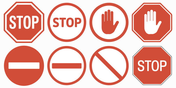 Stop Sign Icon Collection, Prohibited Passage and No Entry Symbols on White Background, Red Stop Logo and Universal Prohibition Sign Vector Illustration.
