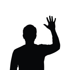 Man silhouette waving hand up in greeting or farewell