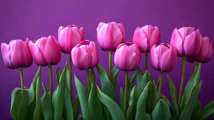 Fototapeta premium Pink tulips arranged together in front of a purple background in a simple display that highlights spring flowers and their natural colors women's day hello spring