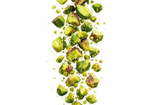Crushed green pistachio nuts falling, raw organic snack pieces scattering, healthy baking ingredient on transparent 배경