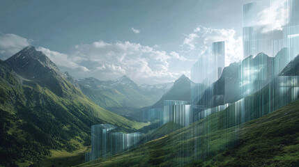 An artistic view of a modern city merges seamlessly with a natural mountain landscape, blending futuristic design with nature's beauty