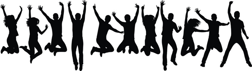 Jumping people silhouette group expressing joy, freedom, and celebration for lifestyle, youth, teamwork, and positive energy concept designs