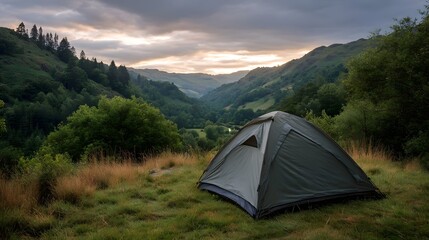 A solitary tent is pitched on a grassy knoll overlooking a verdant valley at dusk with rolling hills and a dramatic sky