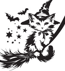 Whimsical Witch Cat: A charming witch cat, with a pointy hat and bow, soars gracefully on a broomstick, enchanting the night with a touch of magic. 