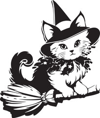Halloween Cat: A charming illustration depicts a whimsical black cat, adorned with a pointy witch's hat, as it embarks on a flight atop a traditional broom, perfect for a festive season!