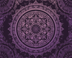 Mystical Mandala: A mesmerizing mandala design in shades of purple and black, exuding peace and contemplation. The intricate patterns of this detailed artwork showcase symbolic designs.