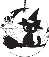 Mystical Cat on the Crescent Moon: An enchanting silhouette of a black cat, adorned with a witch's hat, perched upon a crescent moon, a captivating emblem of Halloween mystery.