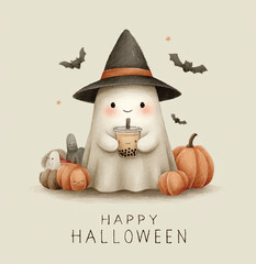 Ghostly Halloween Delight: A charming, friendly ghost with a whimsical witch hat, holding a refreshing boba drink, surrounded by festive pumpkins and playful bats.