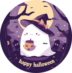 Whimsical Halloween Scene: A charming cartoon ghost, adorned in a witch's hat, strolls through a spooky landscape, carrying a jack-o'-lantern, all under the moonlight. 
