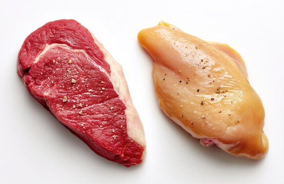 Una apetitosa comparaci&oacute;n entre un filete de ternera y una pechuga de pollo sobre un fondo blanco.