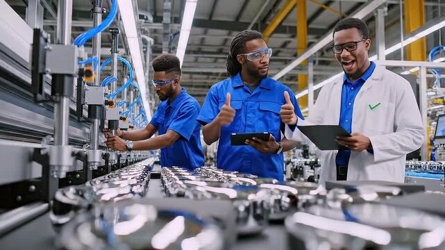 assembly technicians inspecting automated production line with tablet, evaluating conveyor performance, sampling parts and reviewing digital checklist, coordinating with supervisor