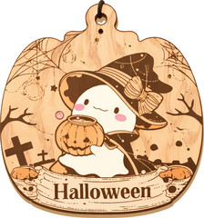 Halloween-Themed Wooden Ornament: A spooky and charming Halloween-themed wooden ornament features a ghost holding a jack-o'-lantern, adorned with a witch hat, with an autumnal setting and spiderwebs.