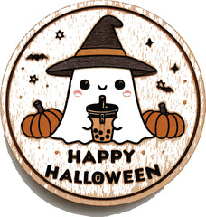 Spooky Treat: A whimsical ghost in a witch hat enjoys a refreshing beverage amid the cheerful pumpkins, bats, and stars. The scene is set with a playful tone to celebrate Halloween.
