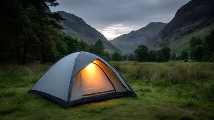 An illuminated camping tent glows warmly in a serene mountain valley at dusk