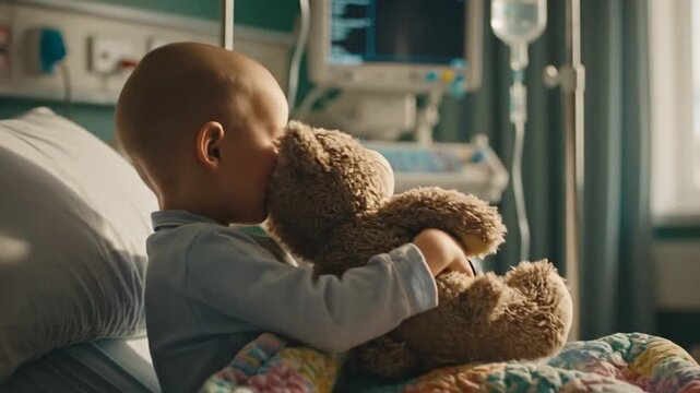 A young boy in a hospital bed hugs a teddy bear tightly, conveying hope and strength while lying on a colorful blanket with medical equipment nearby, in a serene atmosphere.